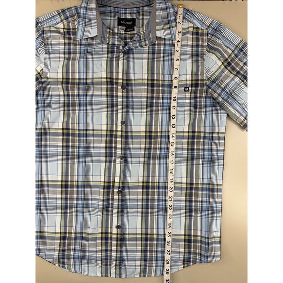 Marmot Plaid Short Sleeve Button Up Shirt Men’s M Blue Green Outdoor Hiking Work - Picture 6 of 14
